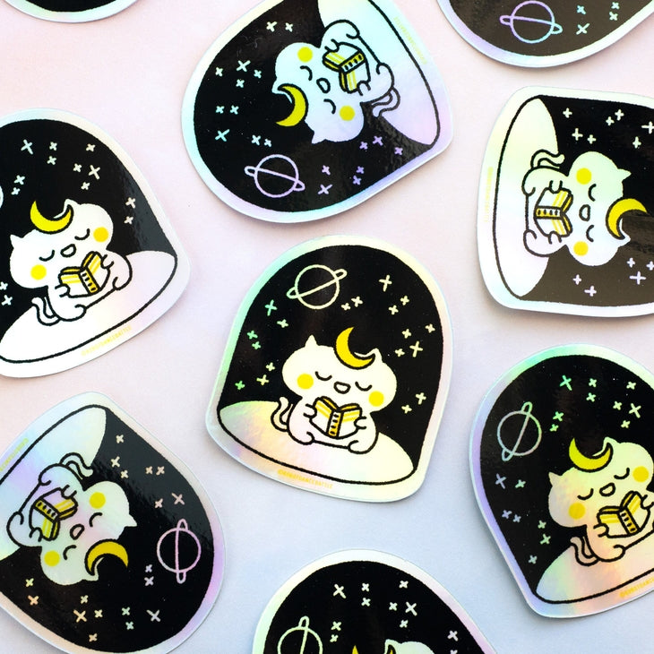 Reading Magical Cat Holographic Sticker