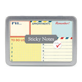 Cavallini & Co. Vintage To Do Sticky Notes in a tin. Designs include To Do List, FYI..., Appointements, Remember! and Weekly List.