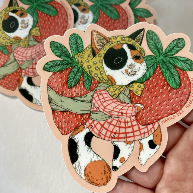 Strawberry Cat Sticker Marika Paz Illustration