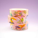 This cute washi tape features a whole flock of 10 tropical bird species: Victoria crowned pigeon, keel-billed toucan, Anna's hummingbird, sulfur-crested cockatoo, Nicobar pigeon, oriental dwarf kingfisher, great hornbill, Bornean green magpie, lovebirds, and Andean cock-of-the-rock.