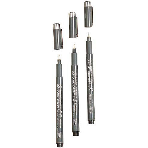 Permanent micro-point ink pens that draw ultra fine lines. They will write on most surfaces, are quick drying, waterproof and resistant to cleaners. The hard plastic tips are protected by metal sleeves. The set of three black pens include widths .25 mm., .35 mm. and .45 mm.